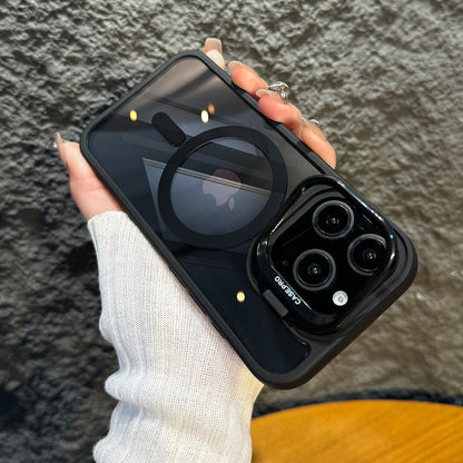 LuxuryKase Mag-Safe Shockproof Case for iPhone 16 Pro with Rotating Camera Guard Stand | Military Grade Drop Protection | Transparent Hard Back Cover with Wireless Charging