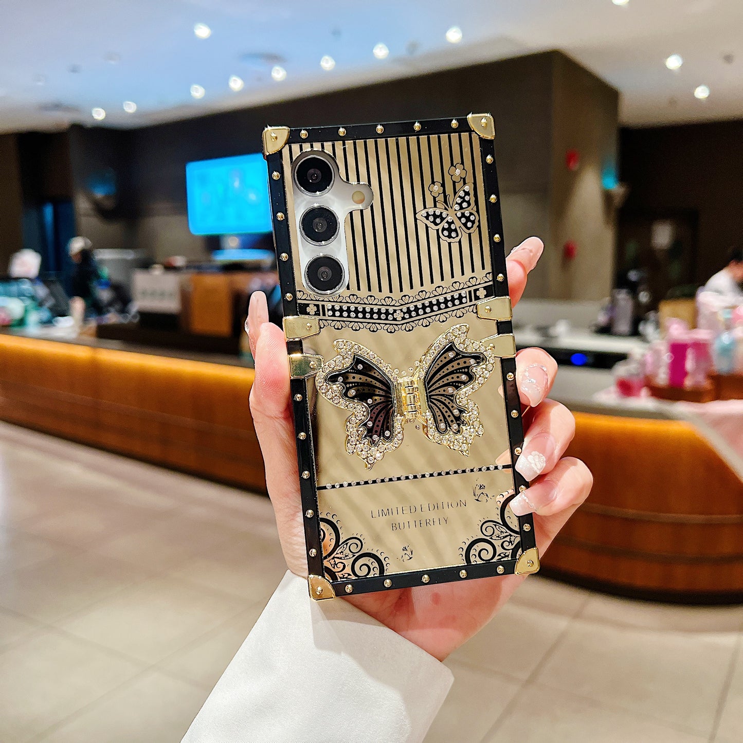 LuxuryKase Premium Shockproof Designer Case | Bling Butterfly Mirror Finish | Metallic Corners & Elegant Studded Frame | Stylish Protective Cover For iPhone & Samsung Series