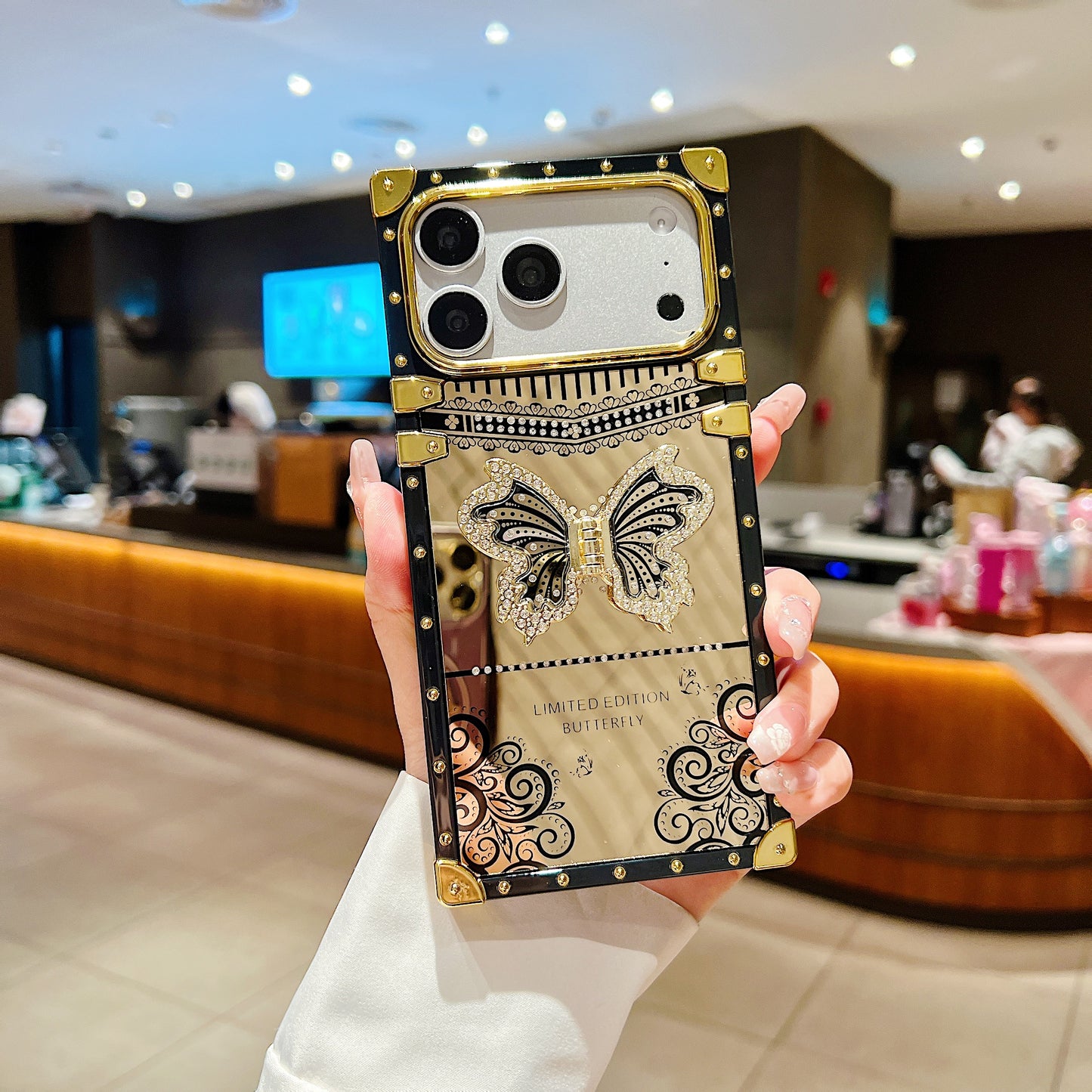 LuxuryKase Premium Shockproof Designer Case | Bling Butterfly Mirror Finish | Metallic Corners & Elegant Studded Frame | Stylish Protective Cover For iPhone & Samsung Series