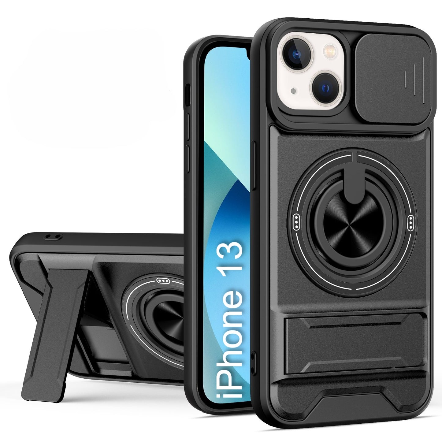 LuxuryKase Magnetic Armour Case | MagSafe Compatible | Sliding Camera Cover | 360° Finger Ring Holder | Built-In Bracket Stand | Hard PC Back & Soft TPU Bumper For iPhone & Samsung Series