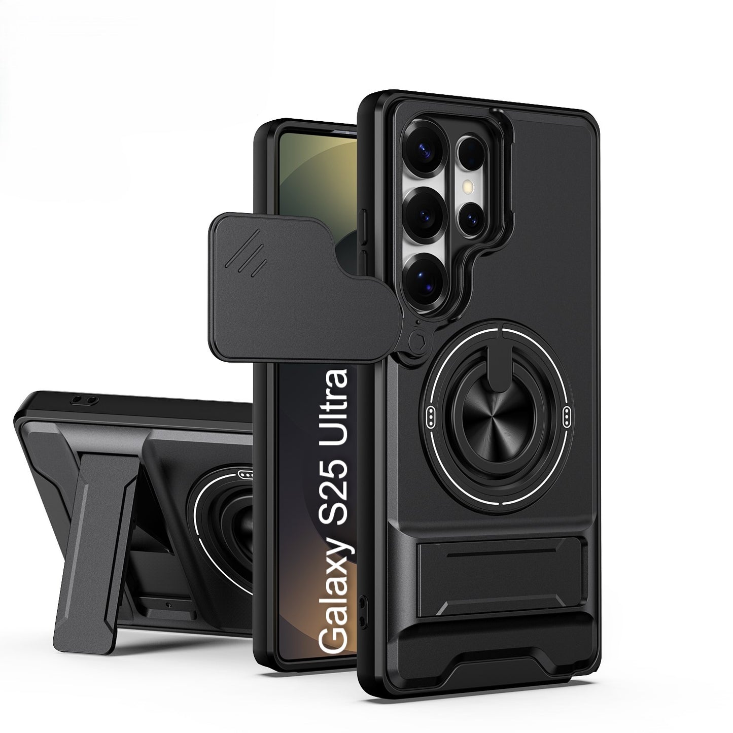 LuxuryKase Magnetic Armour Case | MagSafe Compatible | Sliding Camera Cover | 360° Finger Ring Holder | Built-In Bracket Stand | Hard PC Back & Soft TPU Bumper For iPhone & Samsung Series