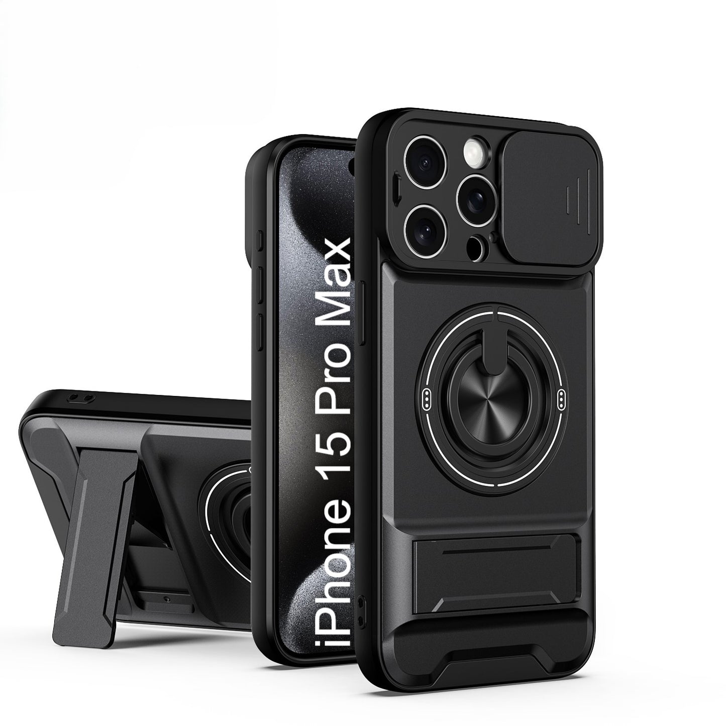 LuxuryKase Magnetic Armour Case | MagSafe Compatible | Sliding Camera Cover | 360° Finger Ring Holder | Built-In Bracket Stand | Hard PC Back & Soft TPU Bumper For iPhone & Samsung Series