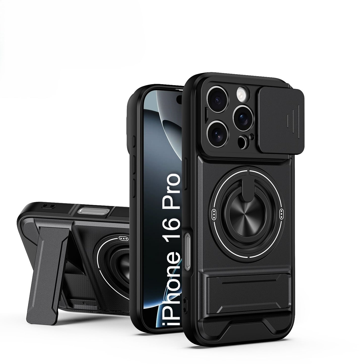 LuxuryKase Magnetic Armour Case | MagSafe Compatible | Sliding Camera Cover | 360° Finger Ring Holder | Built-In Bracket Stand | Hard PC Back & Soft TPU Bumper For iPhone & Samsung Series