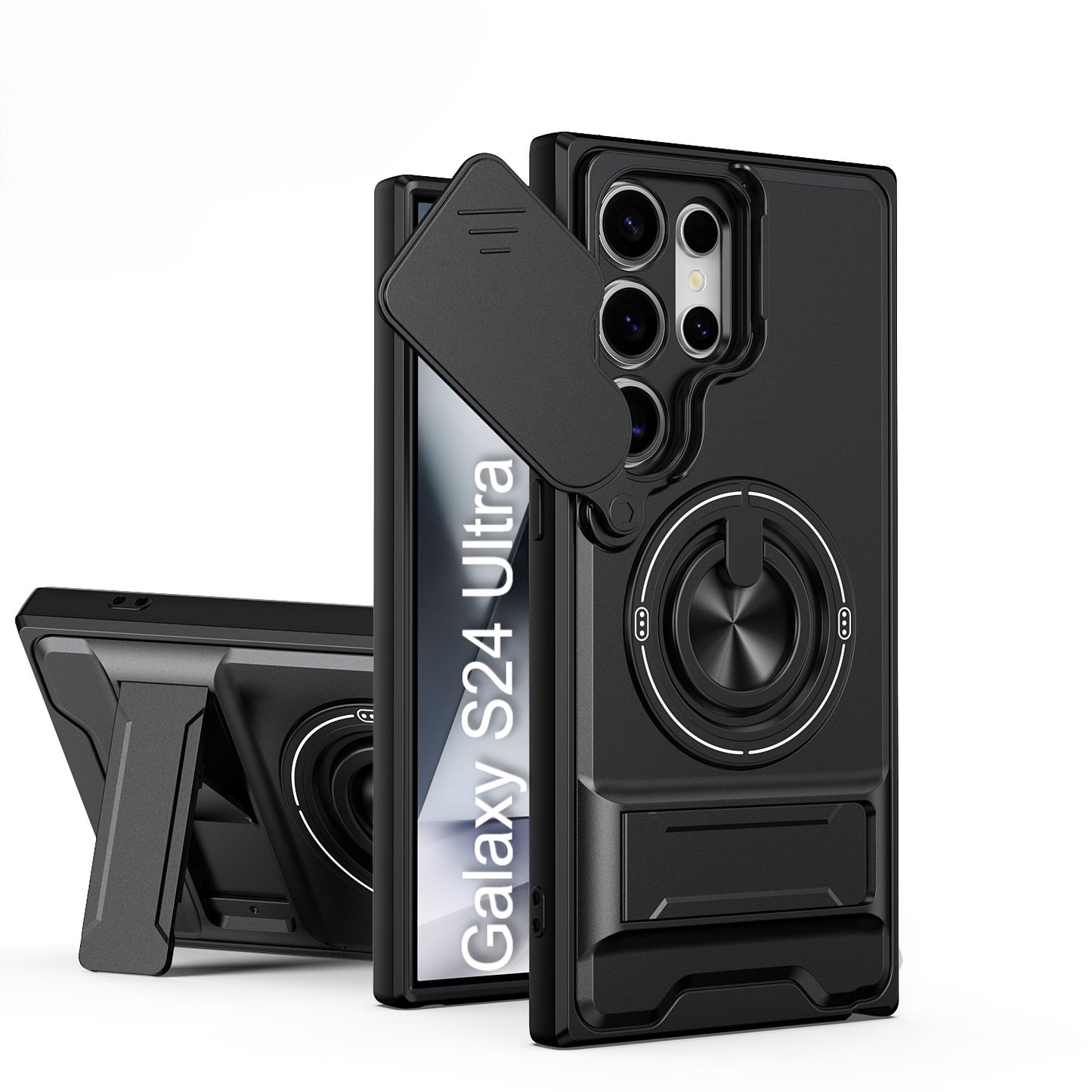 LuxuryKase Magnetic Armour Case | MagSafe Compatible | Sliding Camera Cover | 360° Finger Ring Holder | Built-In Bracket Stand | Hard PC Back & Soft TPU Bumper For iPhone & Samsung Series