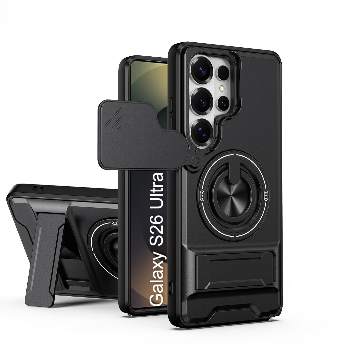 LuxuryKase Magnetic Armour Case | MagSafe Compatible | Sliding Camera Cover | 360° Finger Ring Holder | Built-In Bracket Stand | Hard PC Back & Soft TPU Bumper For iPhone & Samsung Series