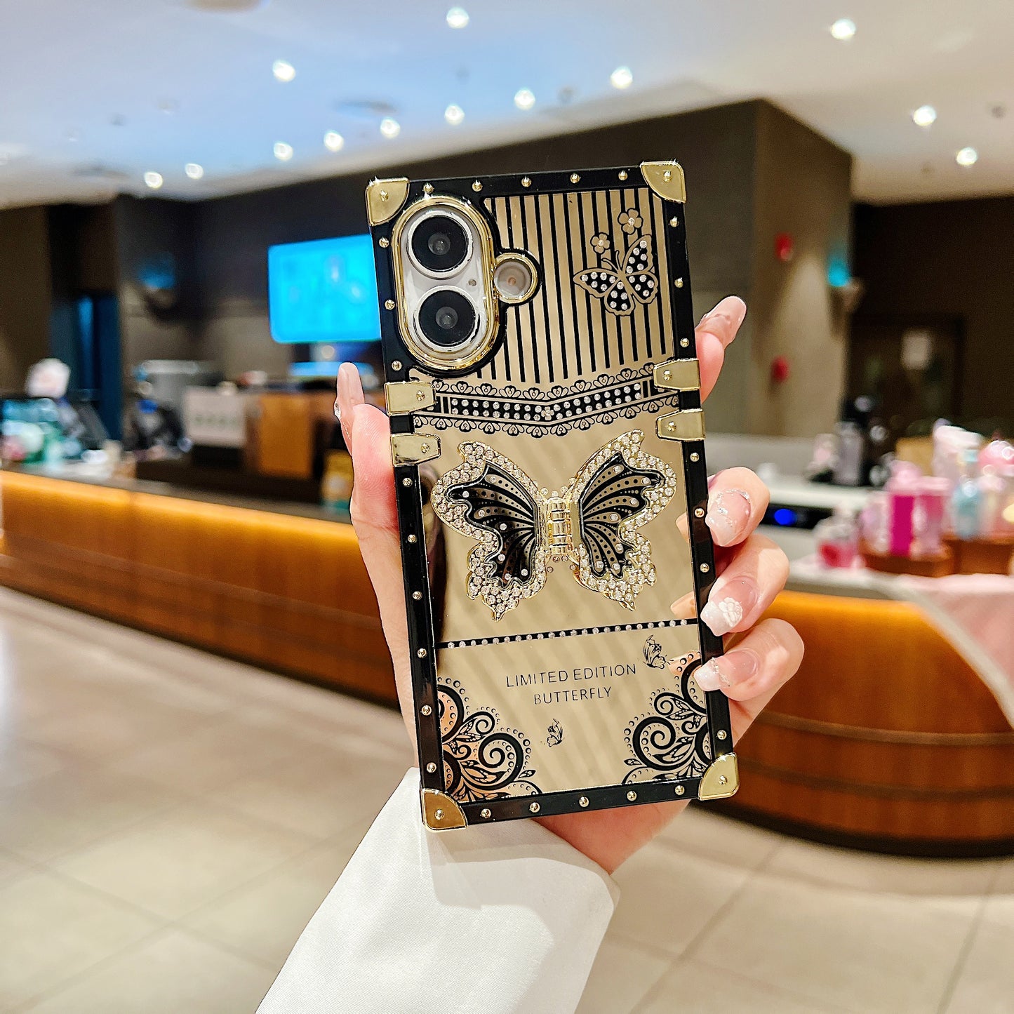 LuxuryKase Premium Shockproof Designer Case | Bling Butterfly Mirror Finish | Metallic Corners & Elegant Studded Frame | Stylish Protective Cover For iPhone & Samsung Series