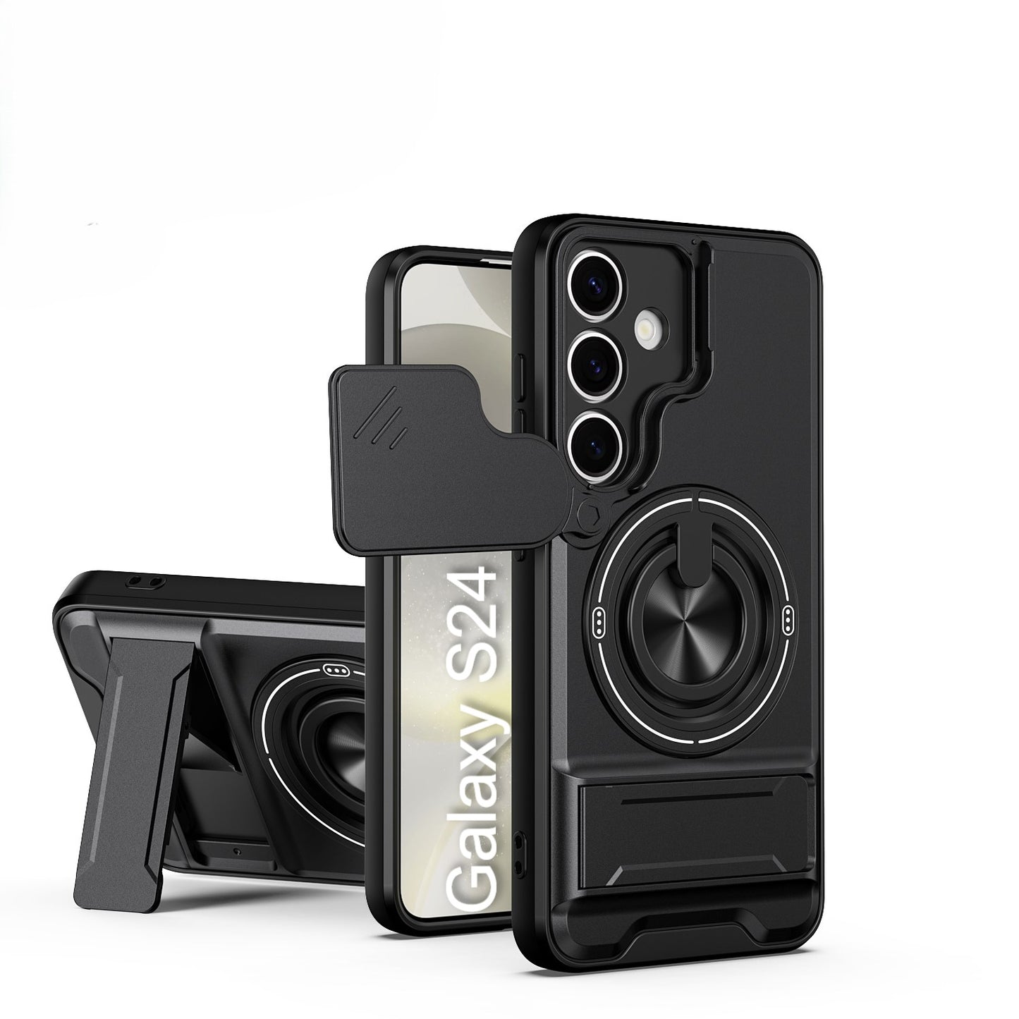 LuxuryKase Magnetic Armour Case | MagSafe Compatible | Sliding Camera Cover | 360° Finger Ring Holder | Built-In Bracket Stand | Hard PC Back & Soft TPU Bumper For iPhone & Samsung Series