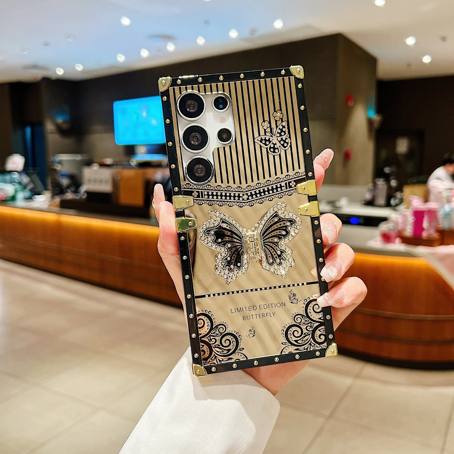 LuxuryKase Premium Shockproof Designer Case | Bling Butterfly Mirror Finish | Metallic Corners & Elegant Studded Frame | Stylish Protective Cover For iPhone & Samsung Series