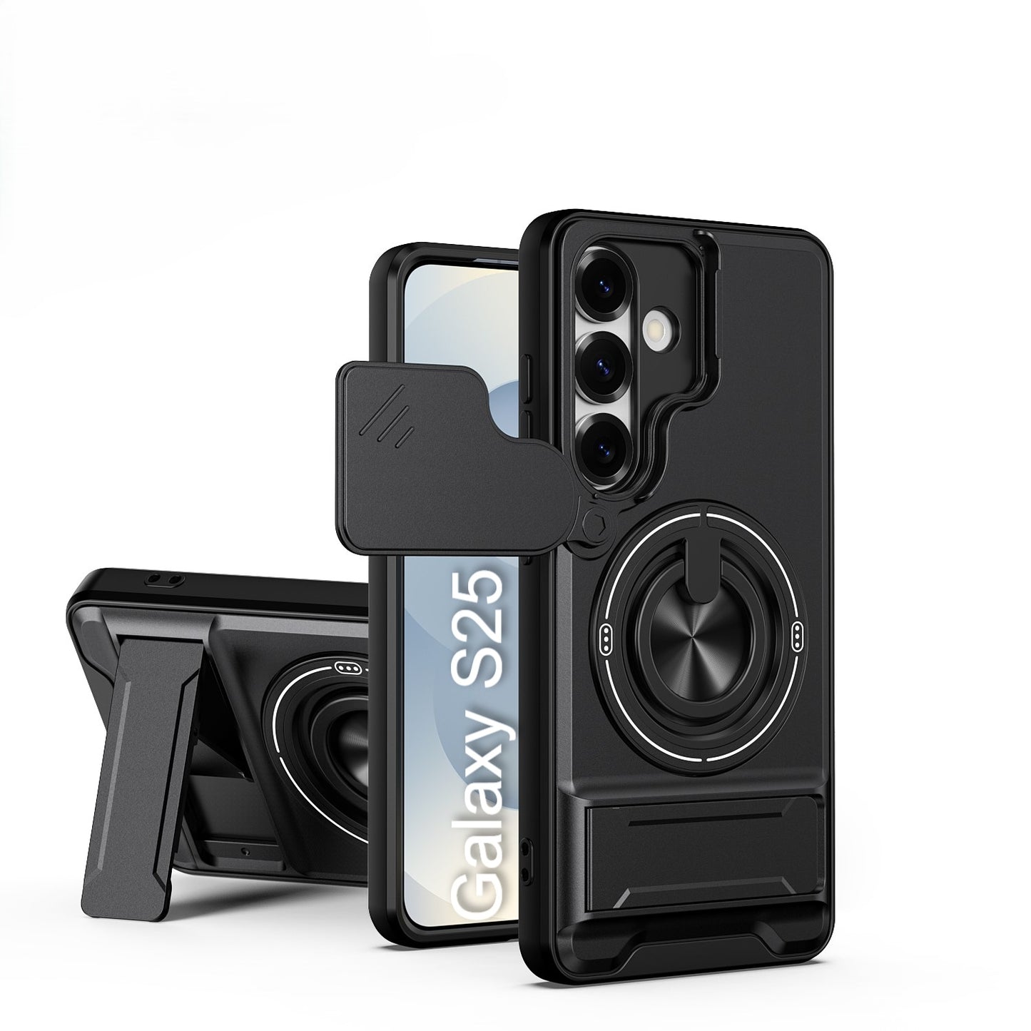 LuxuryKase Magnetic Armour Case | MagSafe Compatible | Sliding Camera Cover | 360° Finger Ring Holder | Built-In Bracket Stand | Hard PC Back & Soft TPU Bumper For iPhone & Samsung Series
