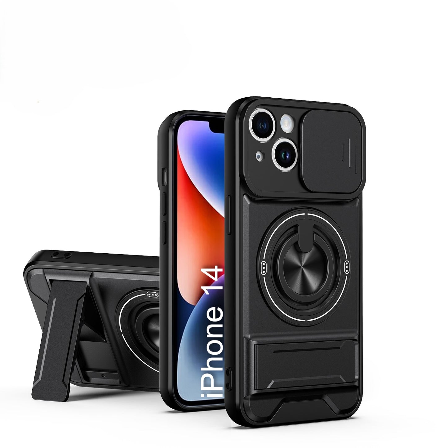 LuxuryKase Magnetic Armour Case | MagSafe Compatible | Sliding Camera Cover | 360° Finger Ring Holder | Built-In Bracket Stand | Hard PC Back & Soft TPU Bumper For iPhone & Samsung Series