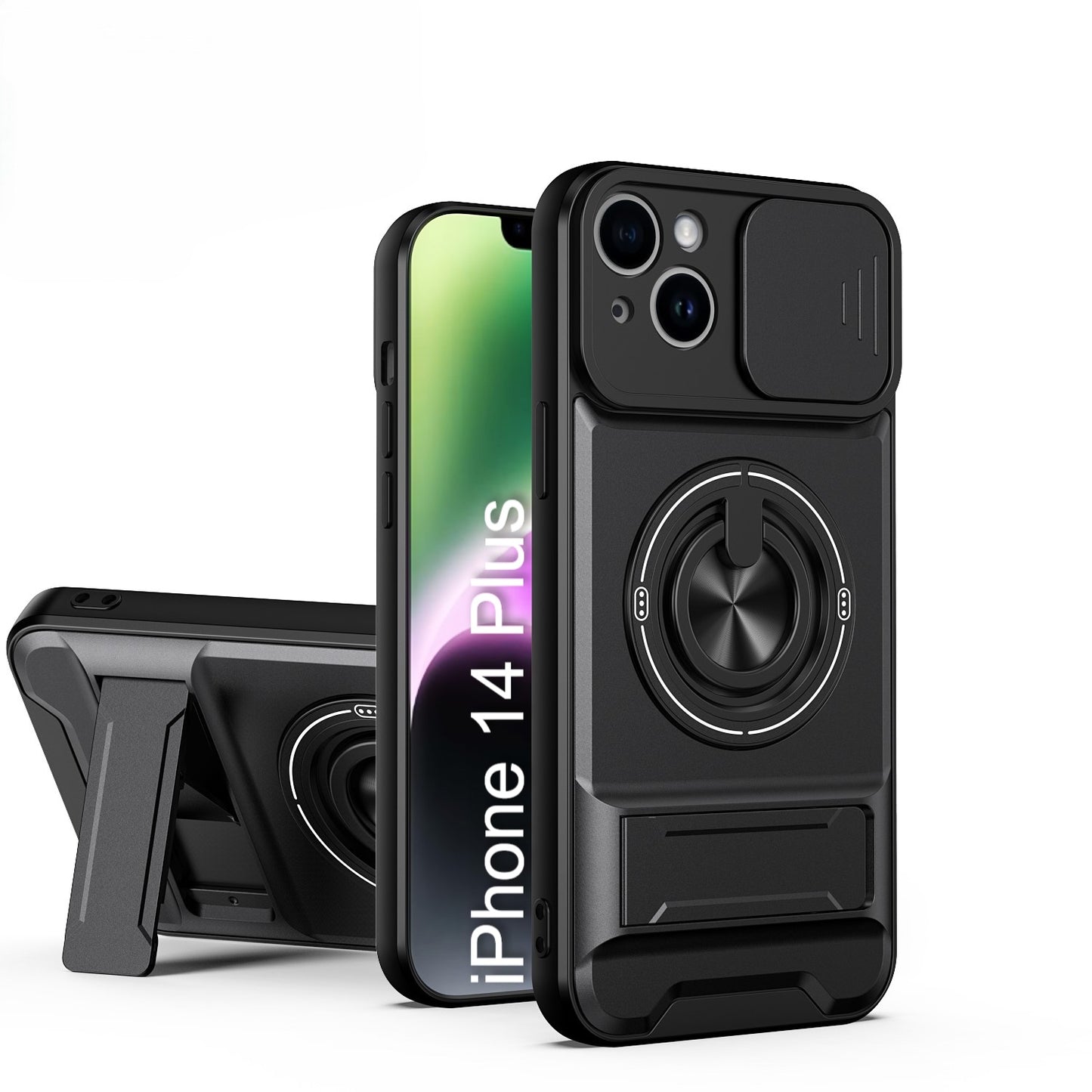 LuxuryKase Magnetic Armour Case | MagSafe Compatible | Sliding Camera Cover | 360° Finger Ring Holder | Built-In Bracket Stand | Hard PC Back & Soft TPU Bumper For iPhone & Samsung Series
