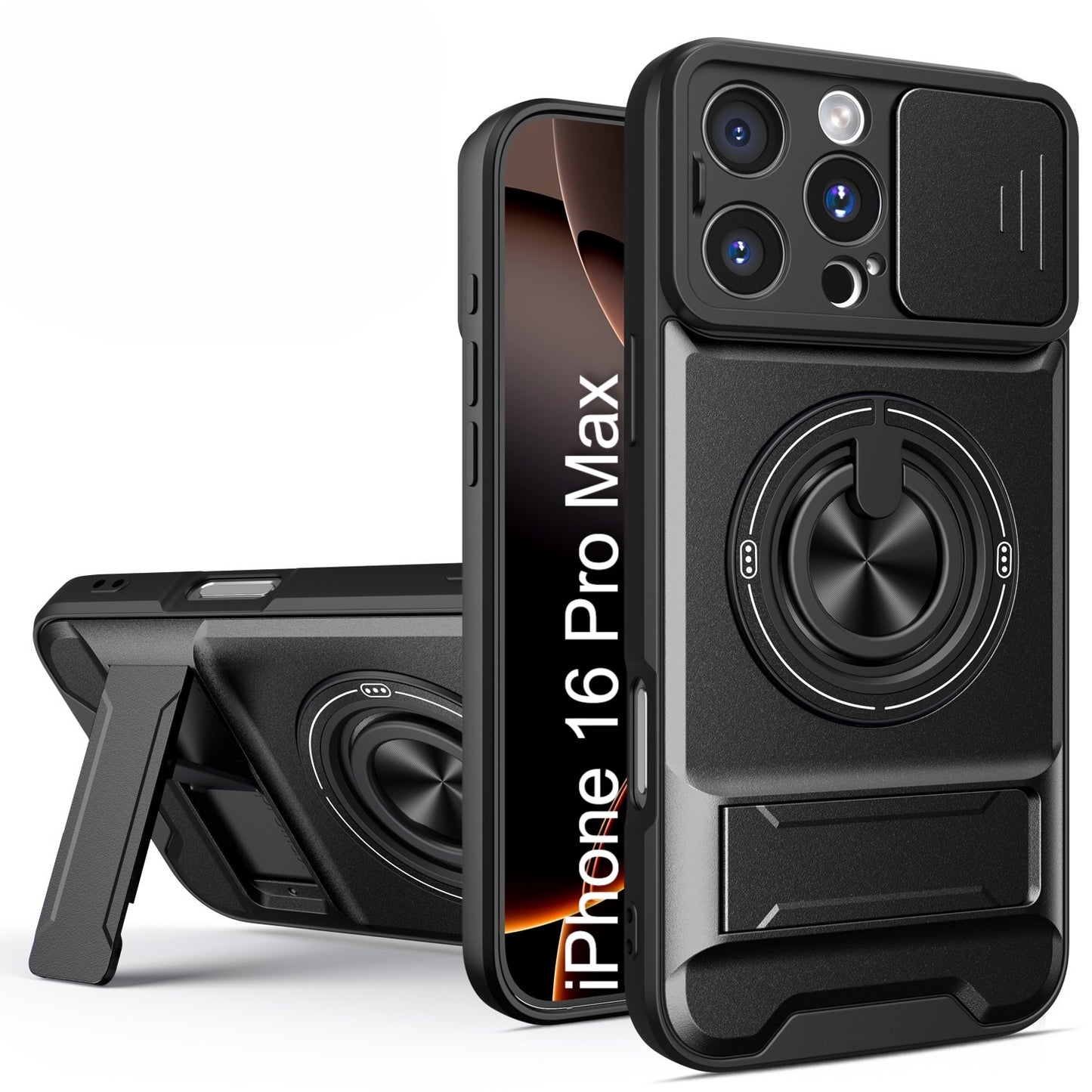 LuxuryKase Magnetic Armour Case | MagSafe Compatible | Sliding Camera Cover | 360° Finger Ring Holder | Built-In Bracket Stand | Hard PC Back & Soft TPU Bumper For iPhone & Samsung Series