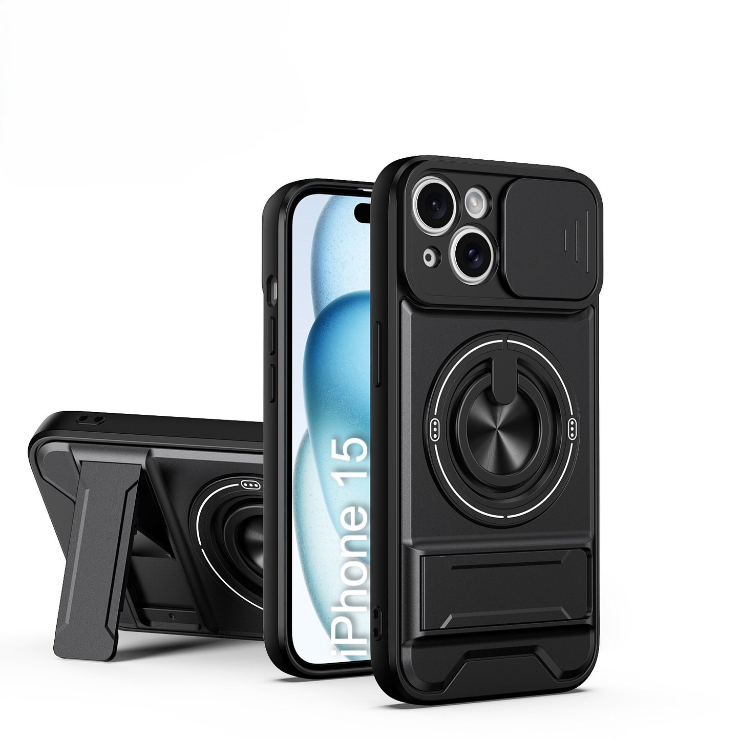 LuxuryKase Magnetic Armour Case | MagSafe Compatible | Sliding Camera Cover | 360° Finger Ring Holder | Built-In Bracket Stand | Hard PC Back & Soft TPU Bumper For iPhone & Samsung Series