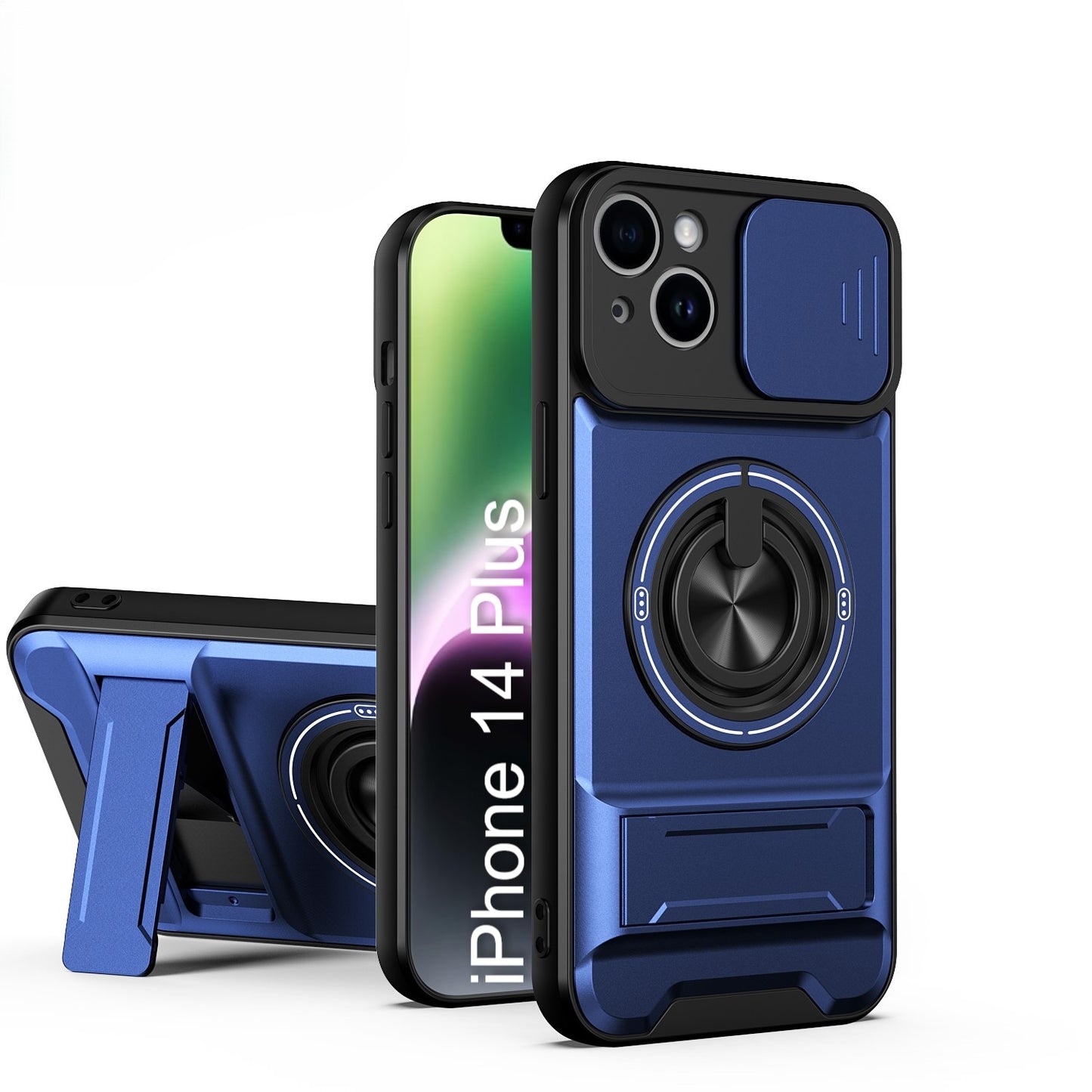 LuxuryKase Magnetic Armour Case | MagSafe Compatible | Sliding Camera Cover | 360° Finger Ring Holder | Built-In Bracket Stand | Hard PC Back & Soft TPU Bumper For iPhone & Samsung Series
