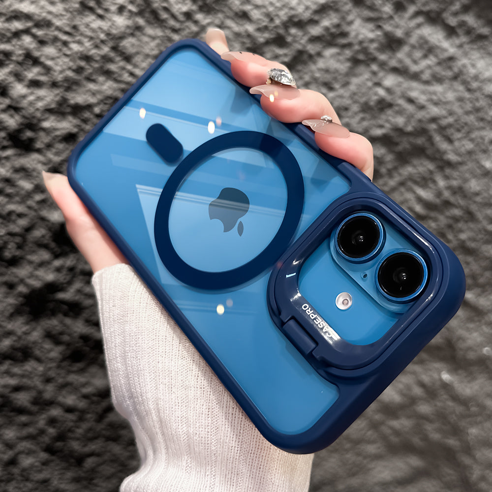 LuxuryKase Mag-Safe Shockproof Case for iPhone 16 Plus with Rotating Camera Guard Stand | Military Grade Drop Protection | Transparent Hard Back Cover with Wireless Charging