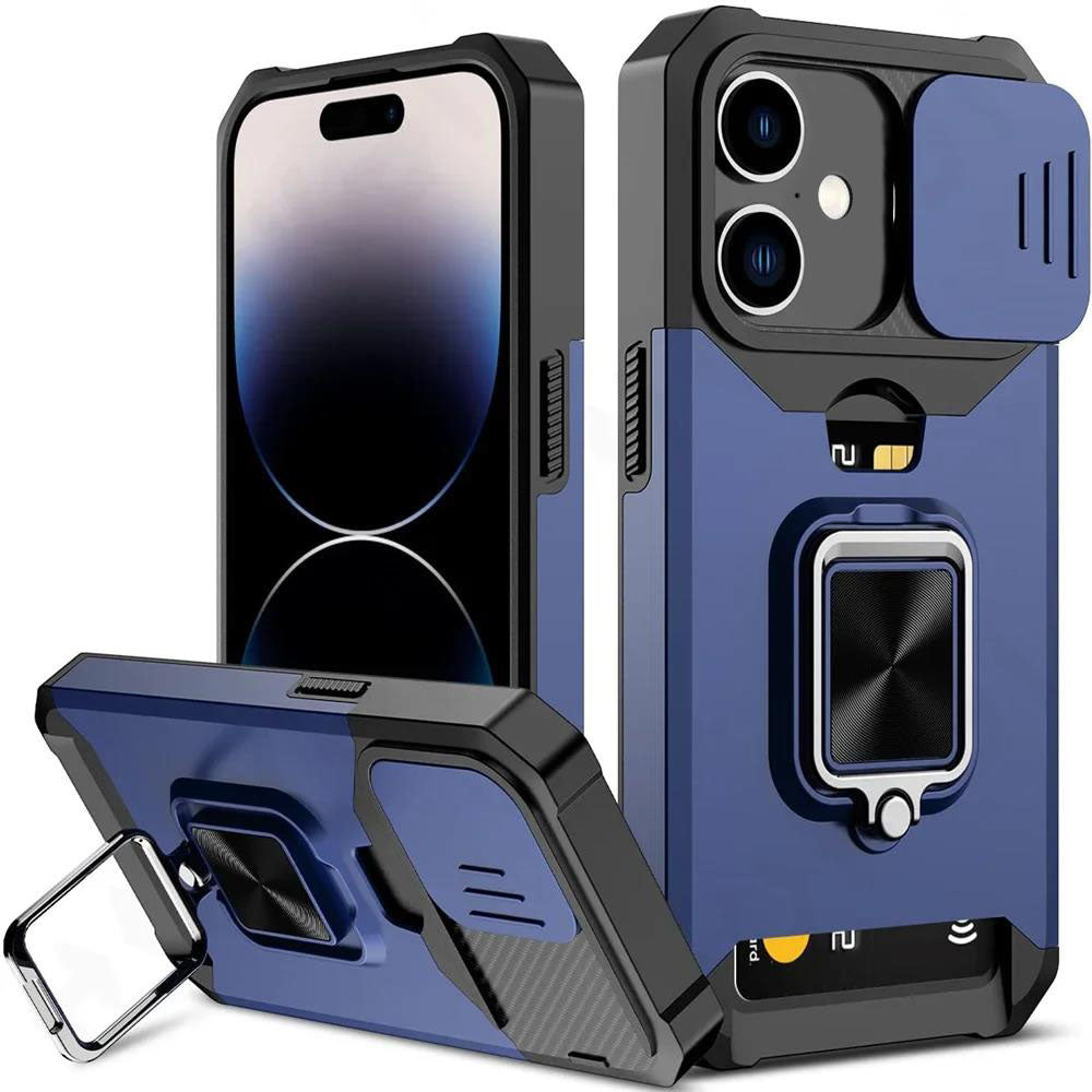 LuxuryKase LK177 Camera Slide Protection Card Holder Heavy Protective Ring Magnetic Kickstand Armor Case Cover For iPhone