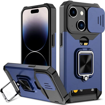 LuxuryKase Shockproof Armor Case | Slide Camera Cover | Hidden Card Slot | Rotating Ring Kickstand | Magnetic Car Mount Support | Military Grade Protection For iPhone & Samsung