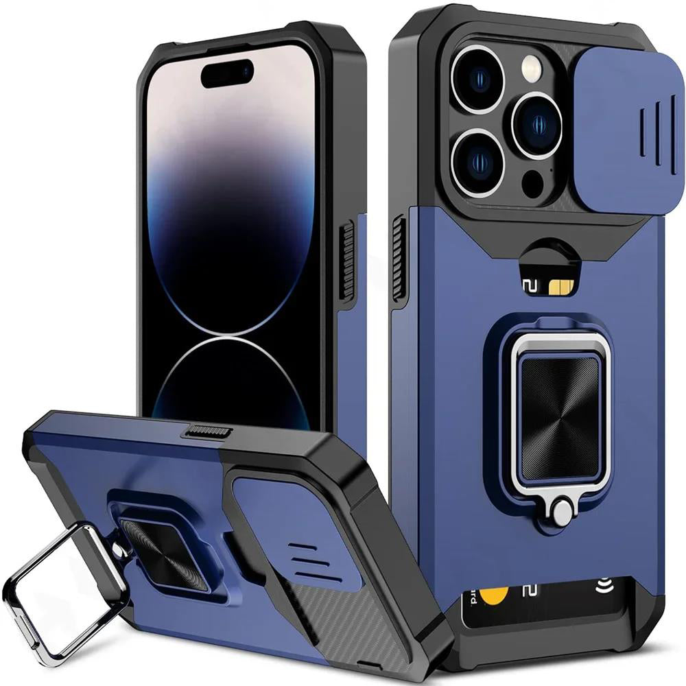 LuxuryKase LK177 Camera Slide Protection Card Holder Heavy Protective Ring Magnetic Kickstand Armor Case Cover For iPhone