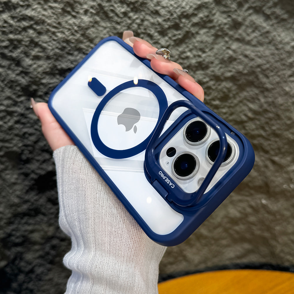 LuxuryKase Mag-Safe Shockproof Case for iPhone 16 Pro with Rotating Camera Guard Stand | Military Grade Drop Protection | Transparent Hard Back Cover with Wireless Charging
