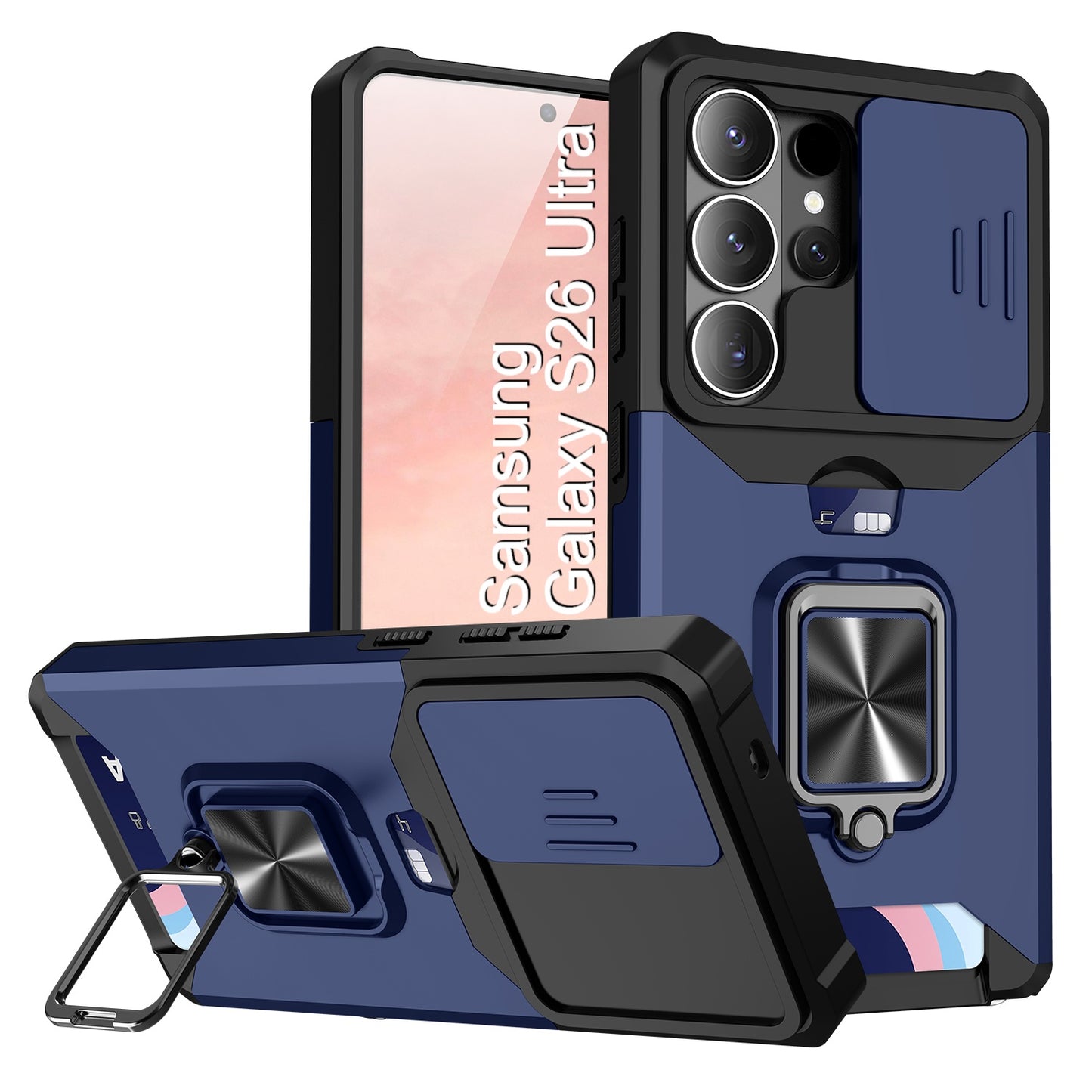 LuxuryKase Shockproof Armor Case | Slide Camera Cover | Hidden Card Slot | Rotating Ring Kickstand | Magnetic Car Mount Support | Military Grade Protection For iPhone & Samsung
