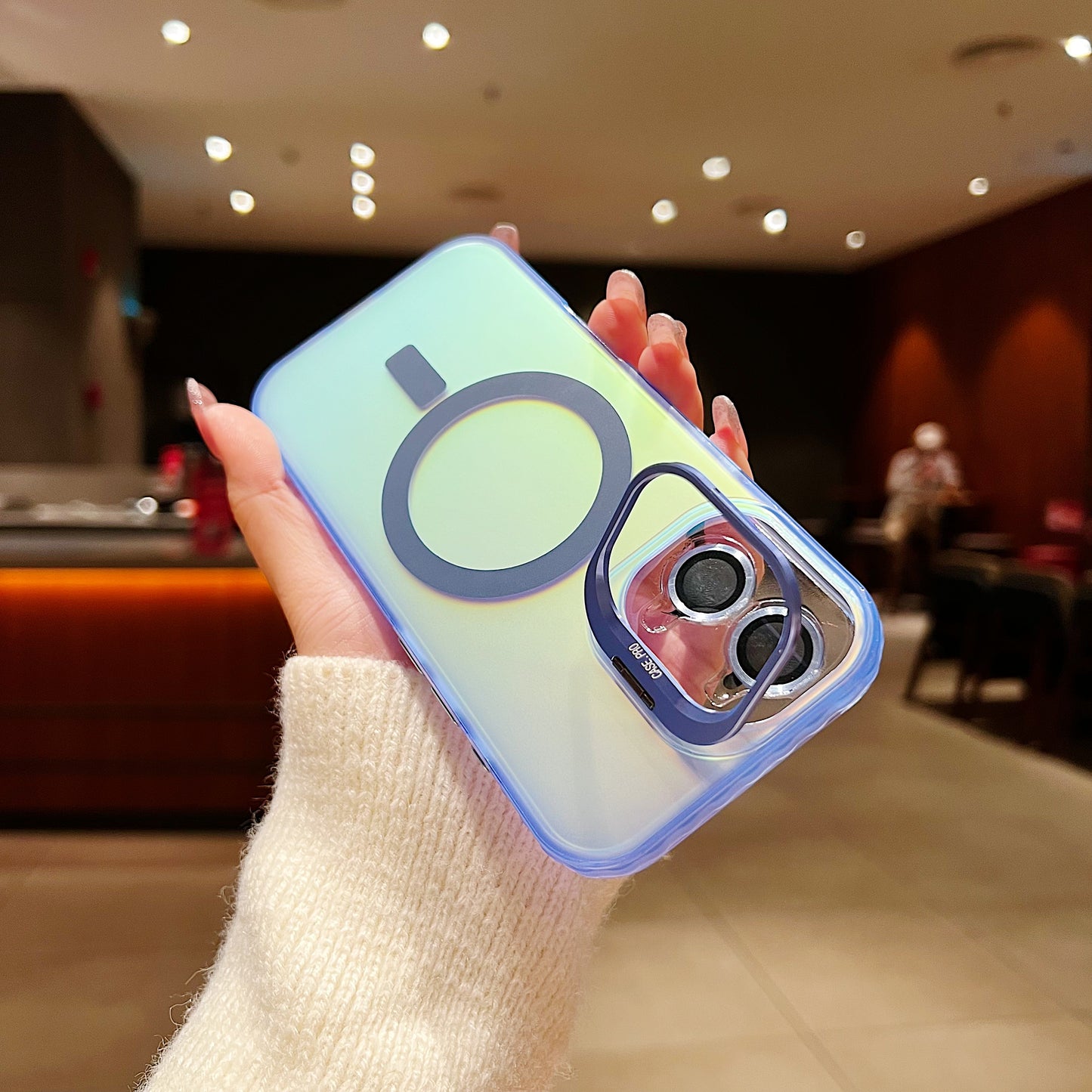 LuxuryKase LK169 Laser Gradient Lens Holder Stand Mag-Safe Case Cover For iPhone 16 & 17 Series