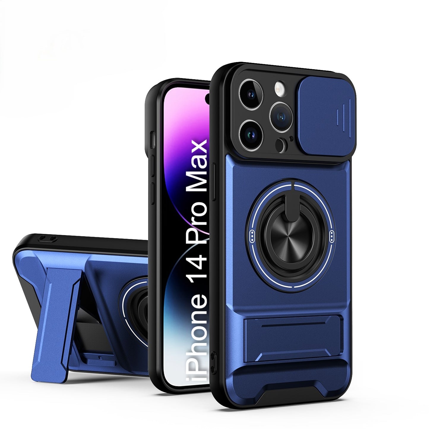 LuxuryKase Magnetic Armour Case | MagSafe Compatible | Sliding Camera Cover | 360° Finger Ring Holder | Built-In Bracket Stand | Hard PC Back & Soft TPU Bumper For iPhone & Samsung Series