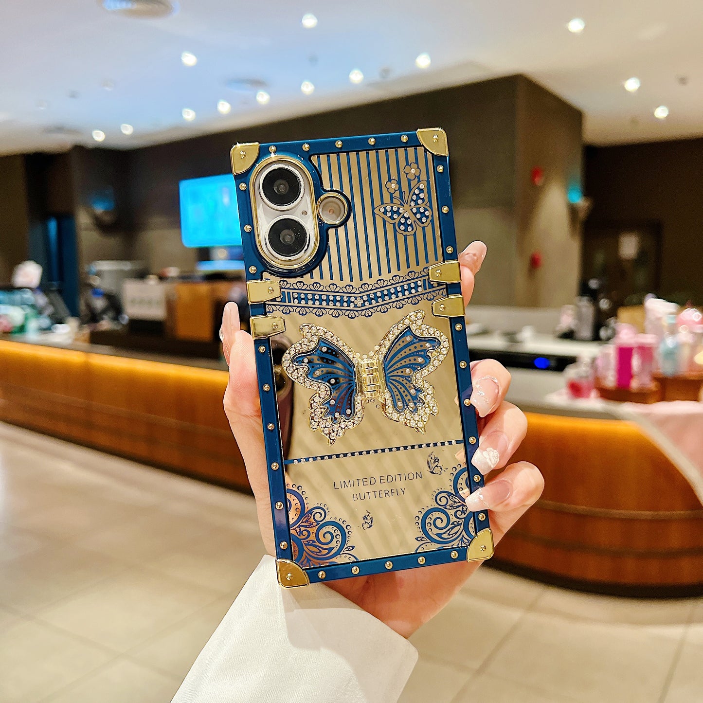 LuxuryKase Premium Shockproof Designer Case | Bling Butterfly Mirror Finish | Metallic Corners & Elegant Studded Frame | Stylish Protective Cover For iPhone & Samsung Series
