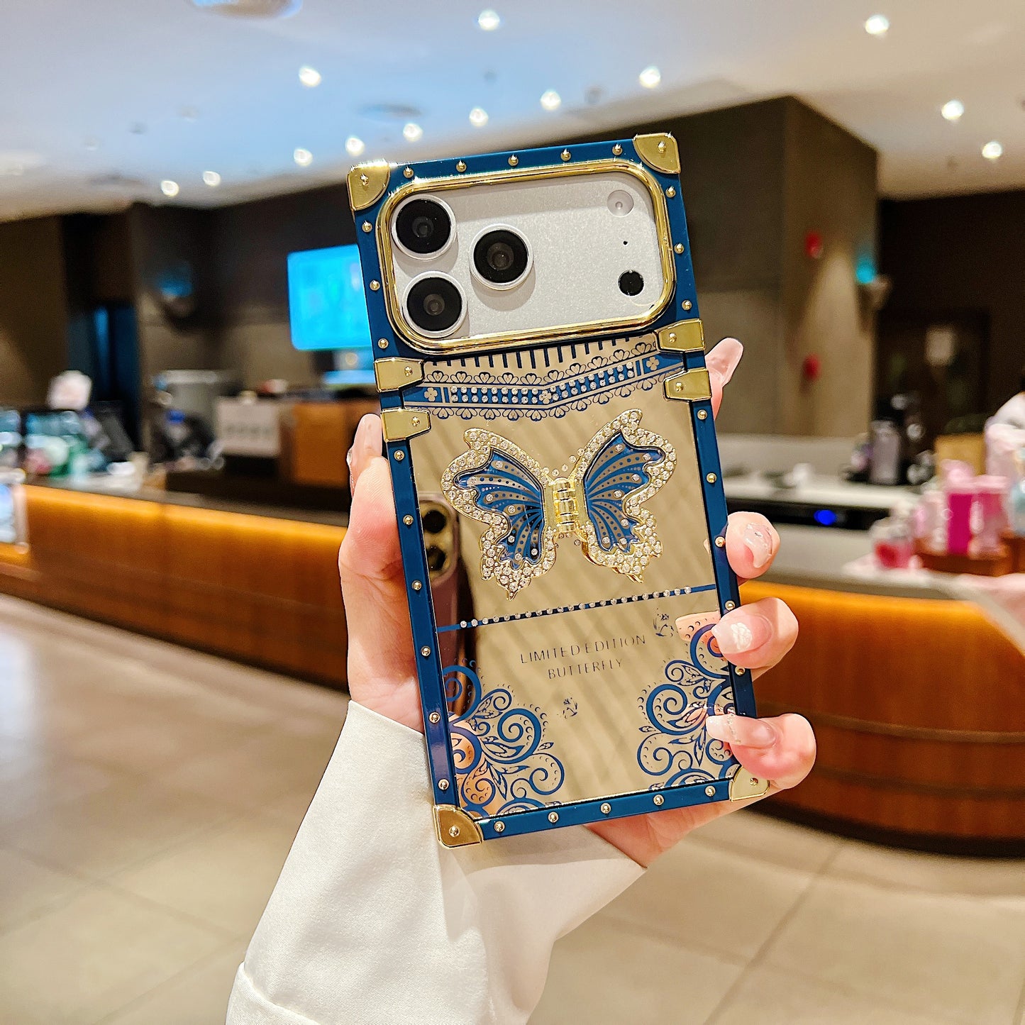 LuxuryKase Premium Shockproof Designer Case | Bling Butterfly Mirror Finish | Metallic Corners & Elegant Studded Frame | Stylish Protective Cover For iPhone & Samsung Series