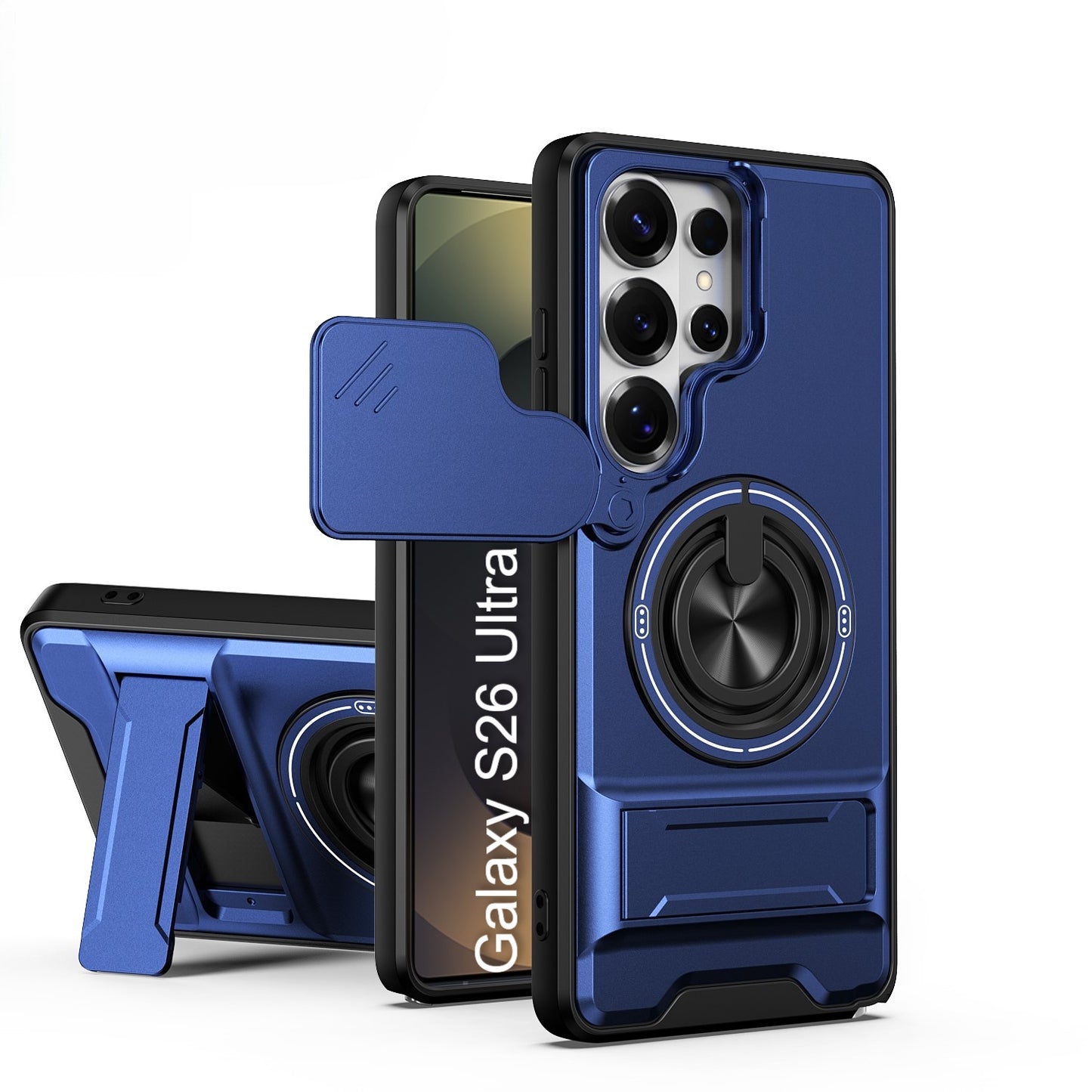 LuxuryKase Magnetic Armour Case | MagSafe Compatible | Sliding Camera Cover | 360° Finger Ring Holder | Built-In Bracket Stand | Hard PC Back & Soft TPU Bumper For iPhone & Samsung Series