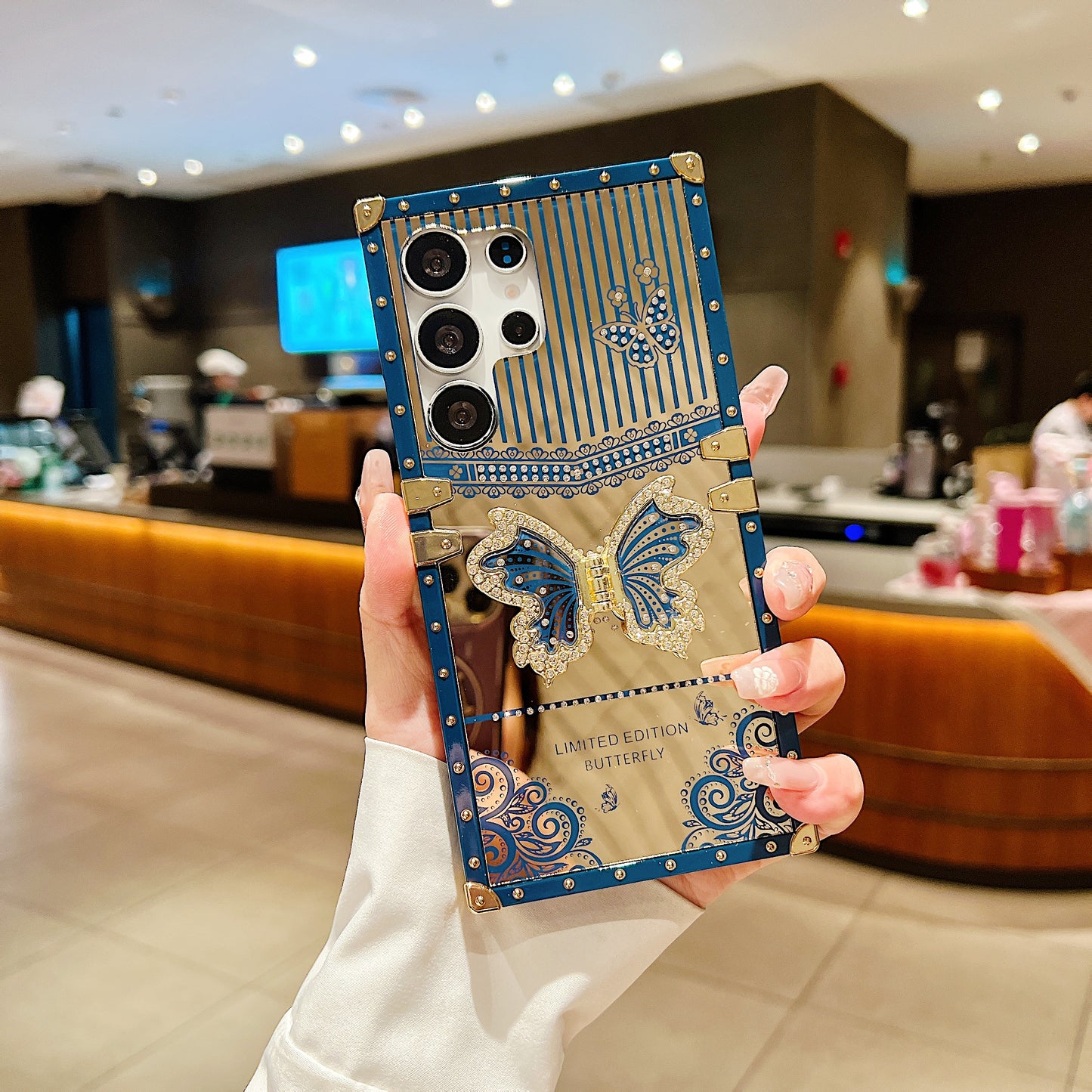 LuxuryKase Premium Shockproof Designer Case | Bling Butterfly Mirror Finish | Metallic Corners & Elegant Studded Frame | Stylish Protective Cover For iPhone & Samsung Series