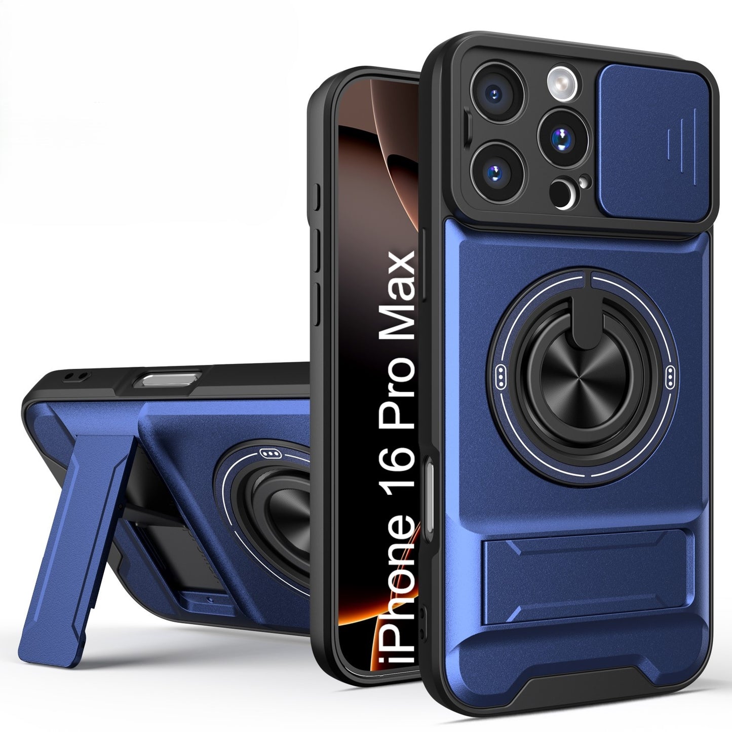 LuxuryKase Magnetic Armour Case | MagSafe Compatible | Sliding Camera Cover | 360° Finger Ring Holder | Built-In Bracket Stand | Hard PC Back & Soft TPU Bumper For iPhone & Samsung Series