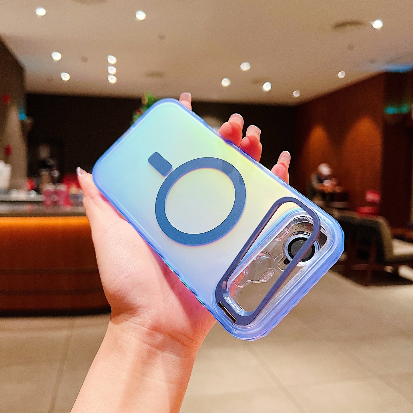 LuxuryKase LK169 Laser Gradient Lens Holder Stand Mag-Safe Case Cover For iPhone 16 & 17 Series