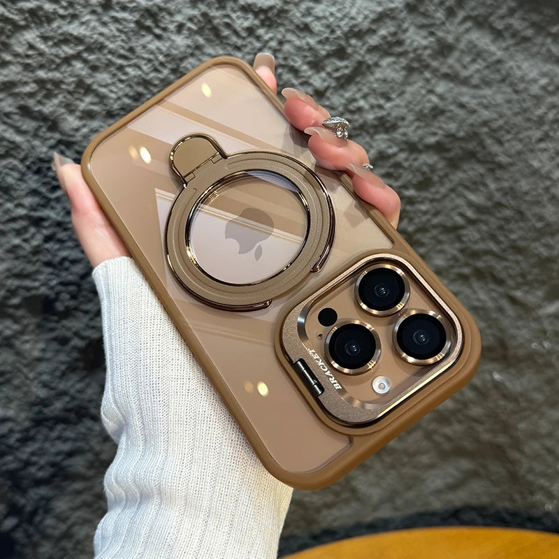 LuxuryKase Magnetic Clear Case | Metal Ring Stand | Camera Lens Protector Rings | Shockproof Hard PC Back | Mag-Safe Compatible | TPU Bumper For iPhone & Samsung Series
