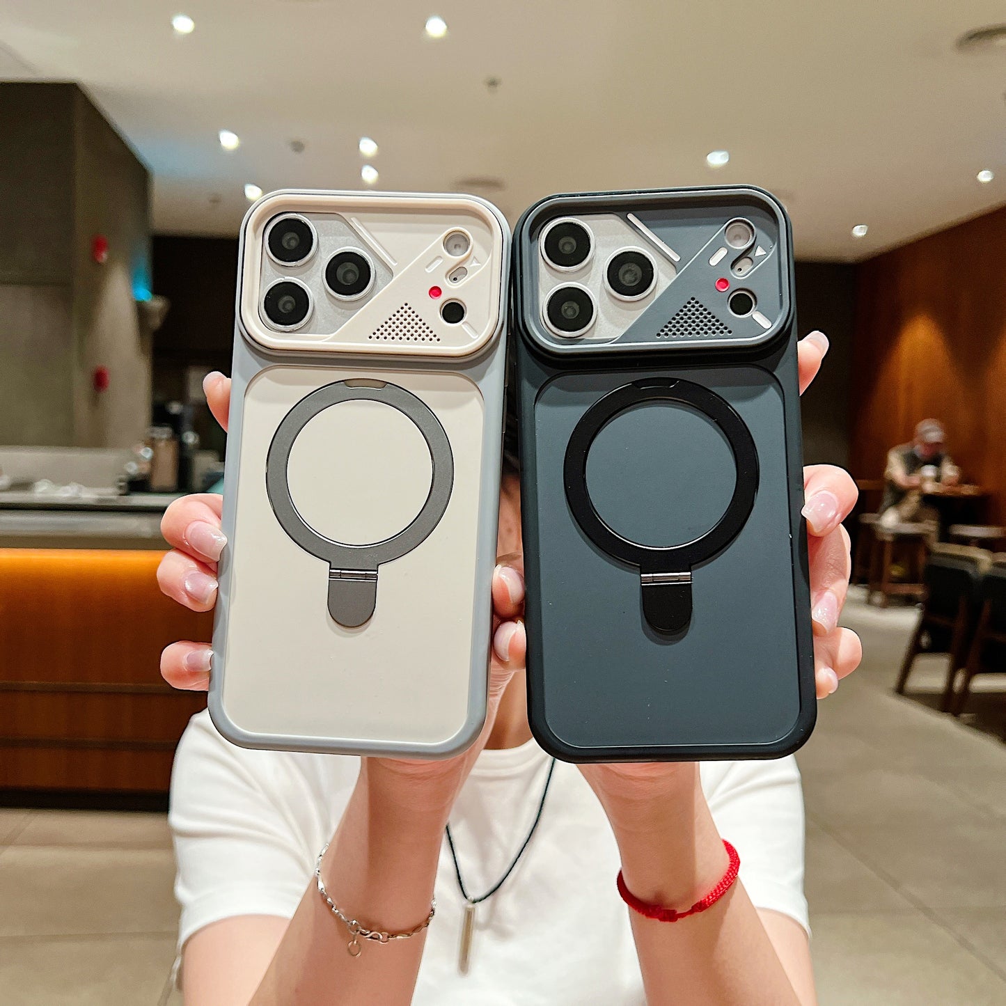 LuxuryKase Magnetic Shockproof Case | Foldable 90° Metal Ring Kickstand | Matte Finish | Futuristic Camera Shield Design | Slim Profile & Mag-Safe Compatible For iPhone & Samsung Series