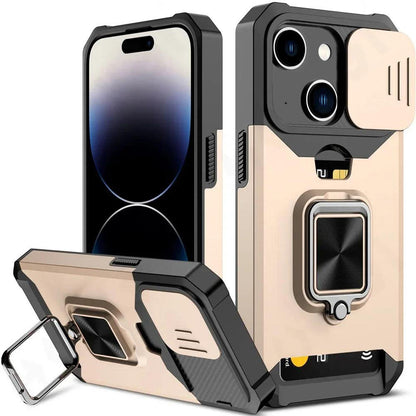 LuxuryKase LK177 Camera Slide Protection Card Holder Heavy Protective Ring Magnetic Kickstand Armor Case Cover For - iPhone