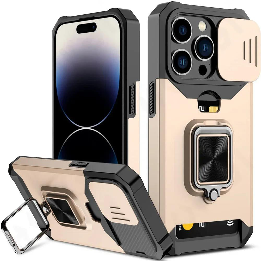 LuxuryKase LK177 Camera Slide Protection Card Holder Heavy Protective Ring Magnetic Kickstand Armor Case Cover For iPhone