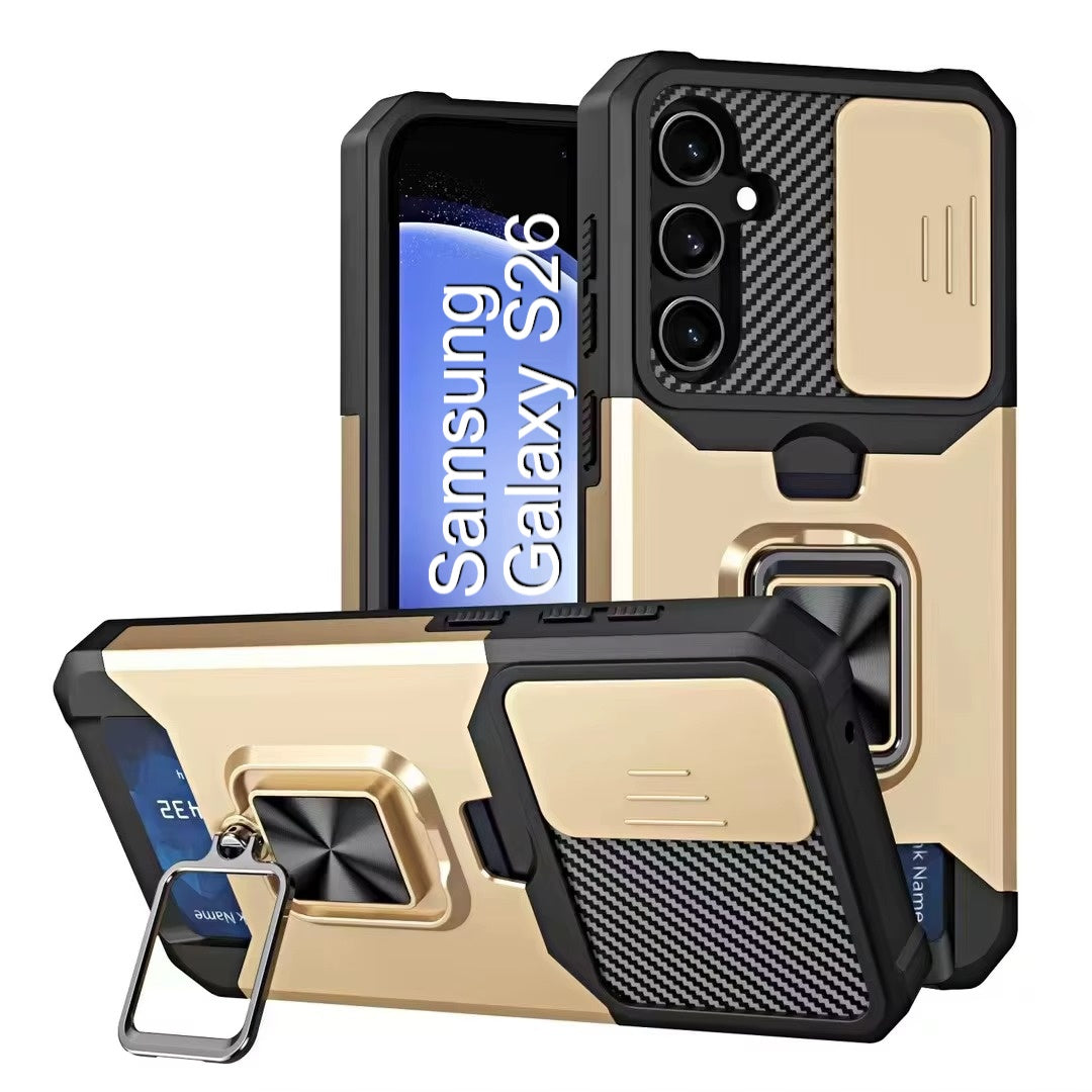 LuxuryKase Shockproof Armor Case | Slide Camera Cover | Hidden Card Slot | Rotating Ring Kickstand | Magnetic Car Mount Support | Military Grade Protection For iPhone & Samsung