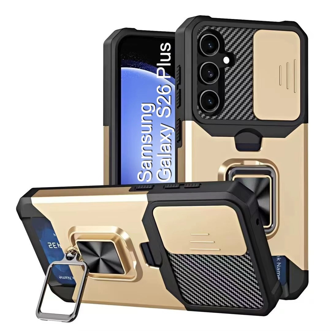LuxuryKase Shockproof Armor Case | Slide Camera Cover | Hidden Card Slot | Rotating Ring Kickstand | Magnetic Car Mount Support | Military Grade Protection For iPhone & Samsung