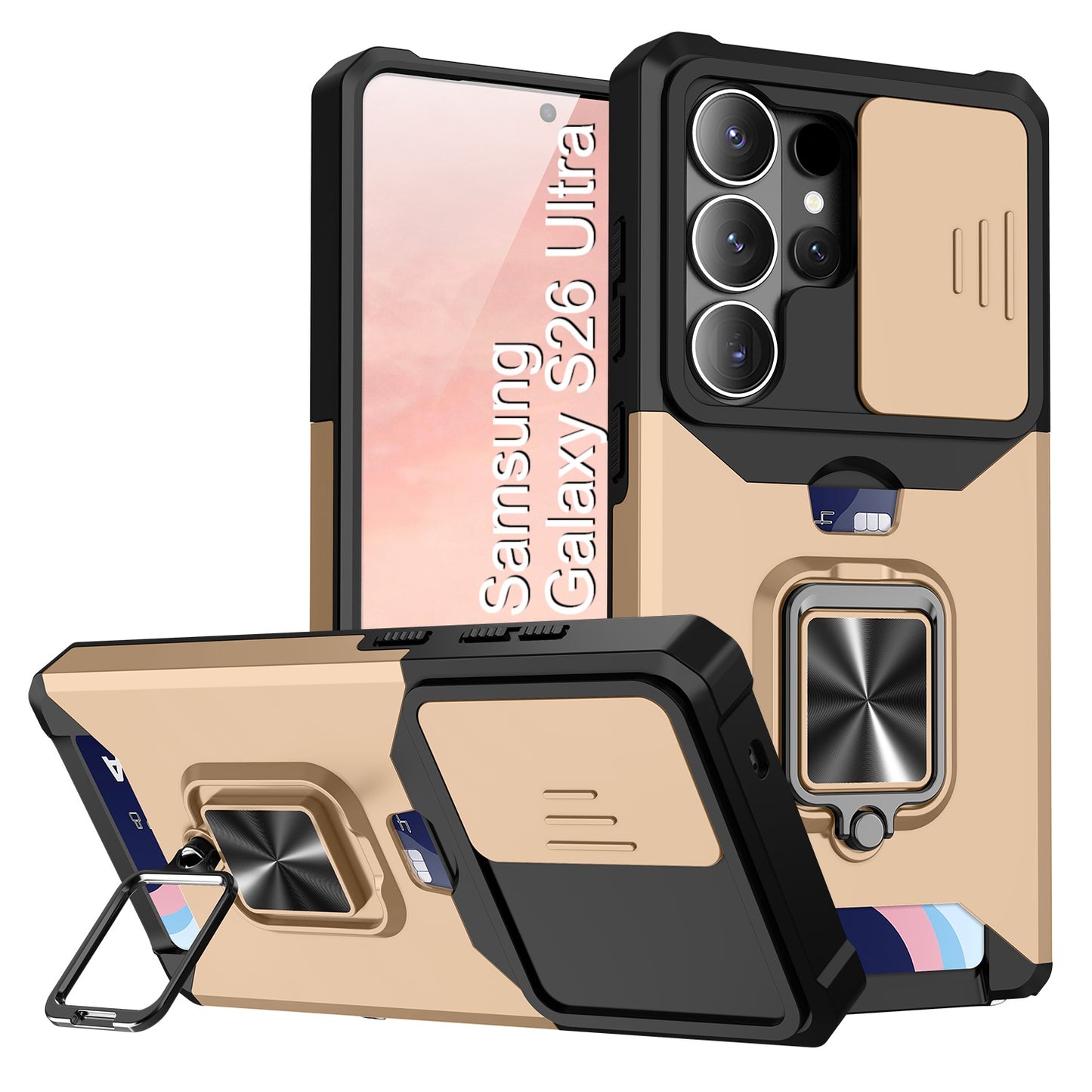 LuxuryKase Shockproof Armor Case | Slide Camera Cover | Hidden Card Slot | Rotating Ring Kickstand | Magnetic Car Mount Support | Military Grade Protection For iPhone & Samsung