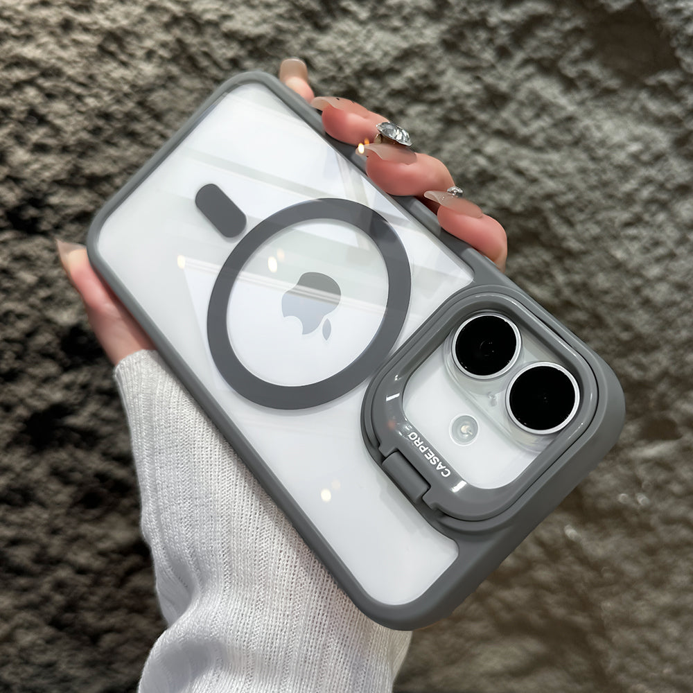 LuxuryKase Mag-Safe Shockproof Case for iPhone 16 Plus with Rotating Camera Guard Stand | Military Grade Drop Protection | Transparent Hard Back Cover with Wireless Charging