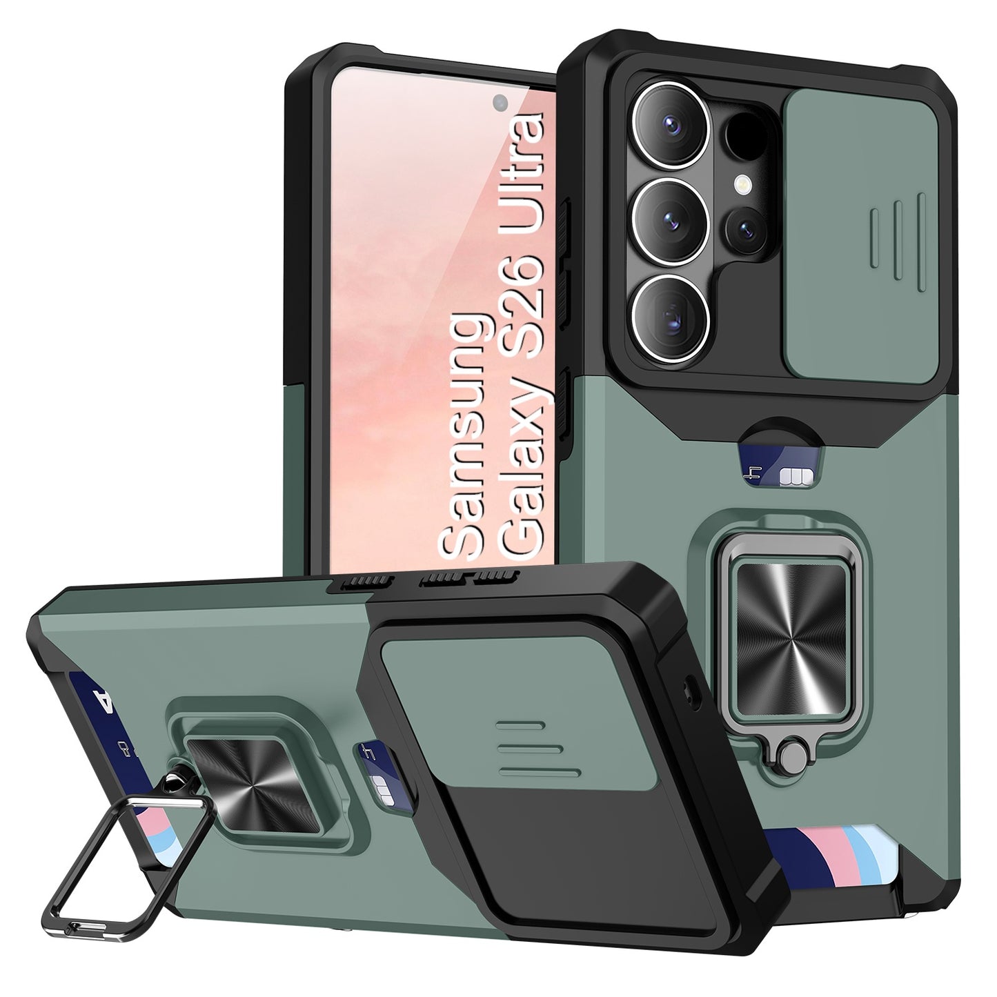 LuxuryKase Shockproof Armor Case | Slide Camera Cover | Hidden Card Slot | Rotating Ring Kickstand | Magnetic Car Mount Support | Military Grade Protection For iPhone & Samsung