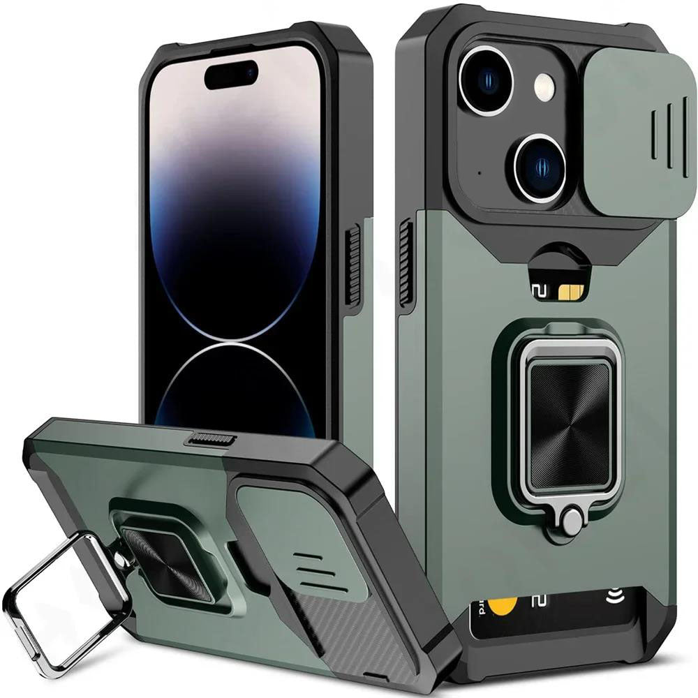 LuxuryKase Shockproof Armor Case | Slide Camera Cover | Hidden Card Slot | Rotating Ring Kickstand | Magnetic Car Mount Support | Military Grade Protection For iPhone & Samsung