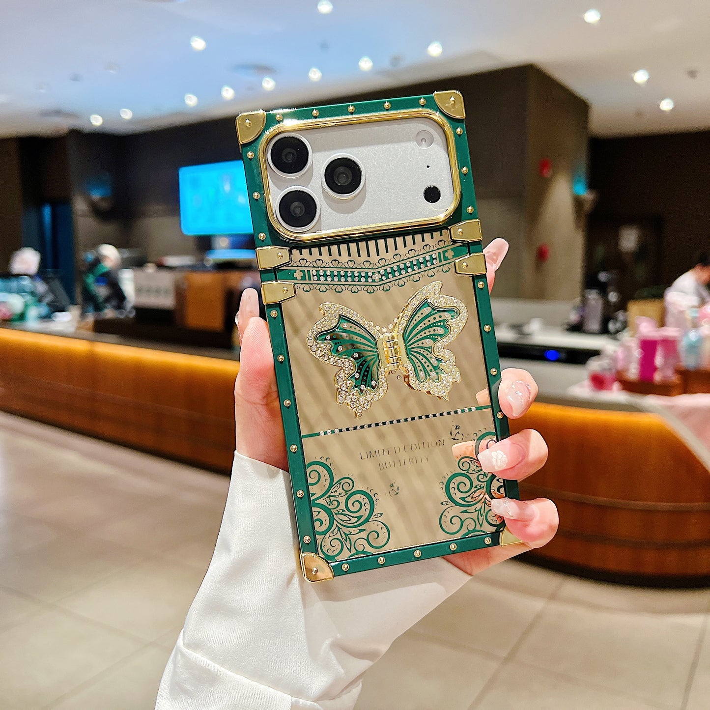 LuxuryKase Premium Shockproof Designer Case | Bling Butterfly Mirror Finish | Metallic Corners & Elegant Studded Frame | Stylish Protective Cover For iPhone & Samsung Series