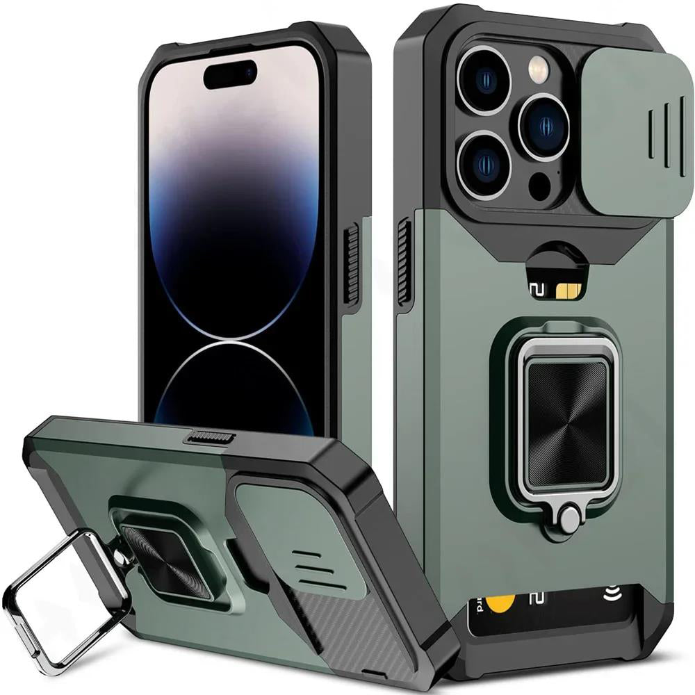LuxuryKase LK177 Camera Slide Protection Card Holder Heavy Protective Ring Magnetic Kickstand Armor Case Cover For iPhone