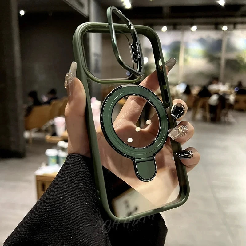 LuxuryKase LK176 Metal Camera Ring Kickstand Stand Transparent Mag-Safe Case Cover For iPhone