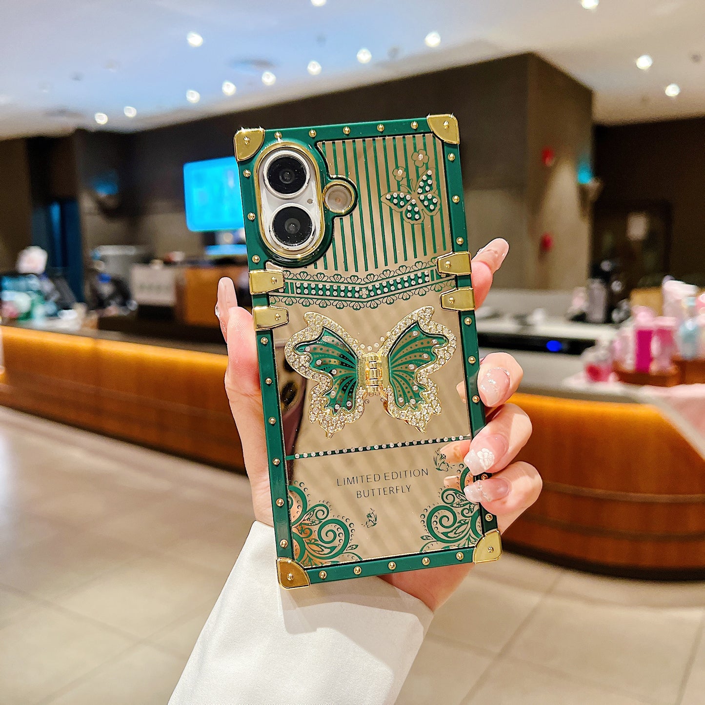 LuxuryKase Premium Shockproof Designer Case | Bling Butterfly Mirror Finish | Metallic Corners & Elegant Studded Frame | Stylish Protective Cover For iPhone & Samsung Series