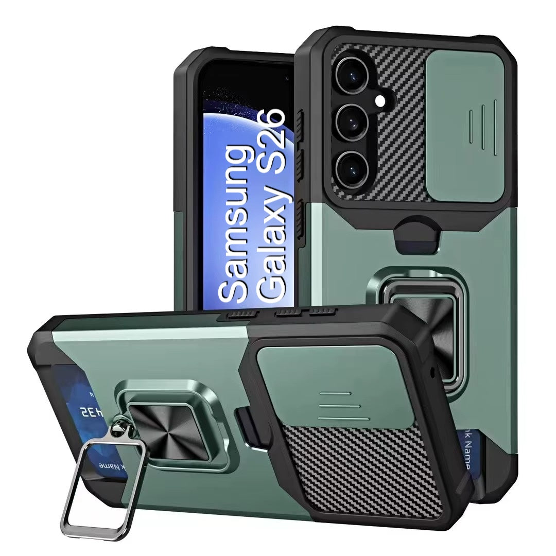 LuxuryKase Shockproof Armor Case | Slide Camera Cover | Hidden Card Slot | Rotating Ring Kickstand | Magnetic Car Mount Support | Military Grade Protection For iPhone & Samsung
