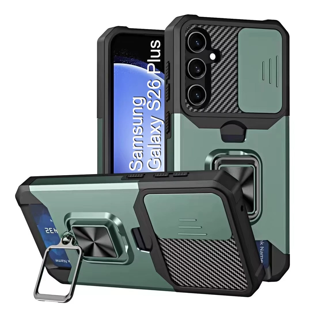 LuxuryKase Shockproof Armor Case | Slide Camera Cover | Hidden Card Slot | Rotating Ring Kickstand | Magnetic Car Mount Support | Military Grade Protection For iPhone & Samsung
