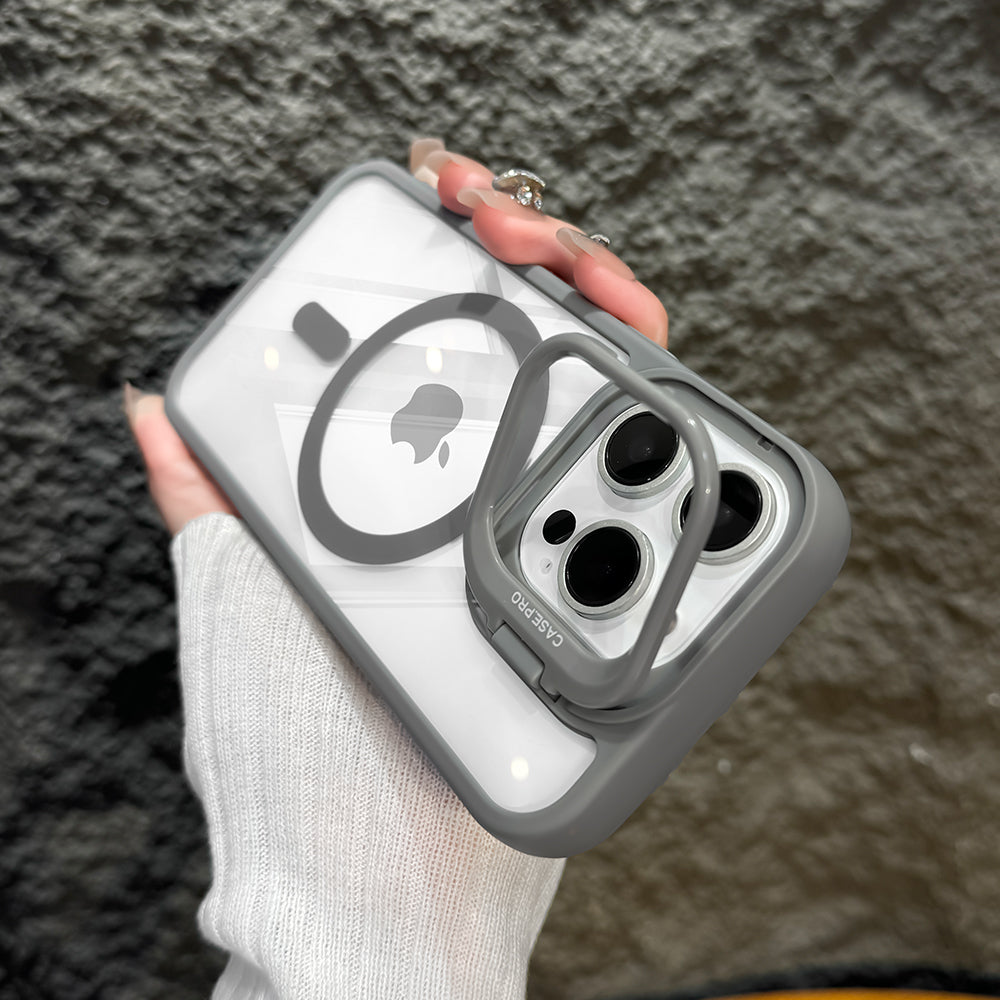 LuxuryKase Mag-Safe Shockproof Case for iPhone 16 Pro with Rotating Camera Guard Stand | Military Grade Drop Protection | Transparent Hard Back Cover with Wireless Charging