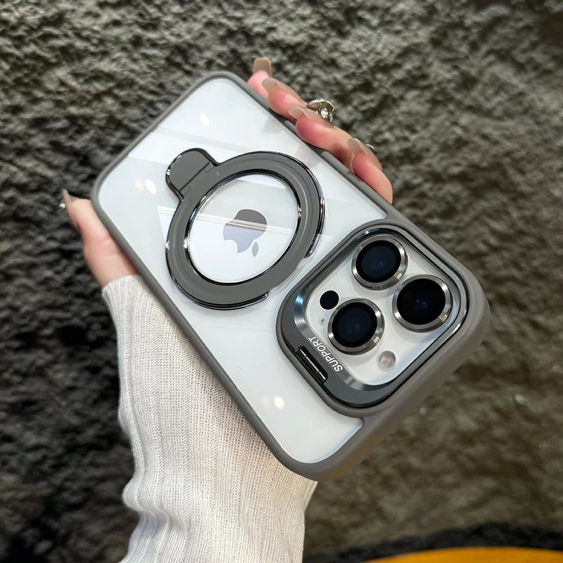 LuxuryKase Magnetic Clear Case | Metal Ring Stand | Camera Lens Protector Rings | Shockproof Hard PC Back | Mag-Safe Compatible | TPU Bumper For iPhone & Samsung Series